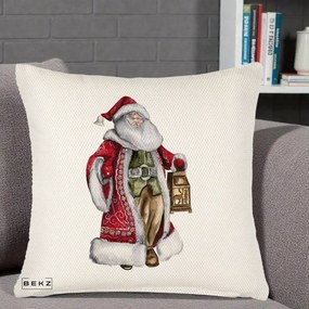 Perna Decorativa Mos Craciun Vintage cu Felinar, 40x40 cm, Crem Reliefat, Husa Detasabila, Perna Inclusa, BEKZ®