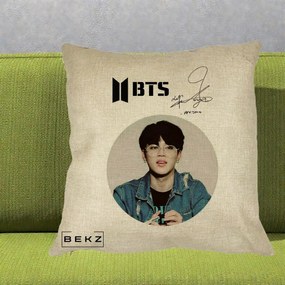 Perna Personalizata K-pop BTS Jimin Portret Cerc Autograf Geaca, 40x40 cm, Crem, Husa Detasabila, Perna Inclusa, BEKZ®
