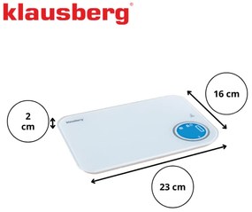 Cantar de bucatarie Klausberg KB 7938, 5 Kg, Bluetooth, Aplicatie mobila, LCD, Tare, 4 indicatori, Lichide, Indicatori, Alb/albastru