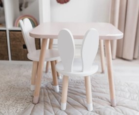 Set masuta patrata roz si 2 scaunele iepuras albe
