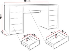 BIA7 - Birou 154 cm, masa de calculator cu 9 sertare, office - Alb / Negru / Crem cu Riflaje