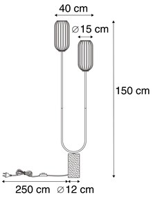 Lampă de podea Art Deco din alamă cu sticlă transparentă cu 2 lumini - Rid