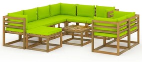 Set mobilier de gradina, 10 piese, cu perne verde aprins verde aprins, 5x colt + 3x mijloc + suport pentru picioare + masa, 1