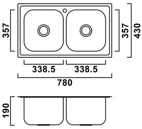 Chiuvetă pătrată Nago din oțel inoxidabil cu două cuve