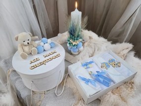 Set Botez Personalizat Trusou 8 piese in cutie rotunda + Lumanare - "Azi m-am crestinat" - Ursulet, Bleu - SPB-101