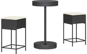 vidaXL Set mobilier bar de grădină cu perne, 3 piese, negru, poliratan