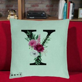 Cadou Personalizat - Perna Personalizata Monograma Florala Litera Y cu Buchet, 40x40 cm, Verde Menta, Husa Detasabila, Perna Inclusa, BEKZ®