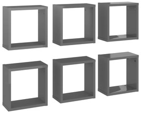 807024 vidaXL Raft de perete cub, 6 buc., gri extralucios, 30x15x30 cm, PAL