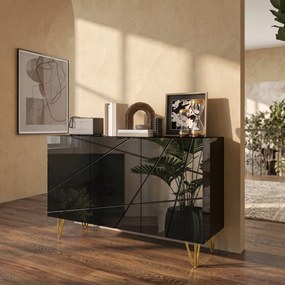 HOMCOM Dulap de Depozitare cu 2 Dulapuri și Raft Reglabil pe 3 Niveluri, Bufet Modern din PAL și Metal, 120x40x75 cm, Negru și Auriu | Aosom Romania
