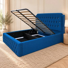 Pat tapițat Chesterfield din catifea Aveline Deluxe 180×200 cm, albastru, cu ladă de depozitare