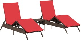 vidaXL Șezlonguri de plajă cu masă, 2 buc., maro, poliratan