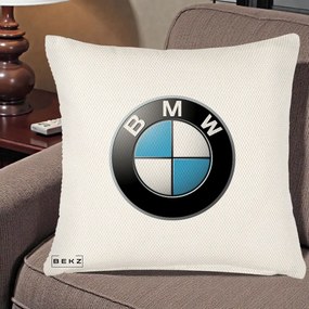 Perna Personalizata cu emblema BMW, 40x40 cm, Crem Reliefat, Husa Detasabila, Perna Inclusa, BEKZ®