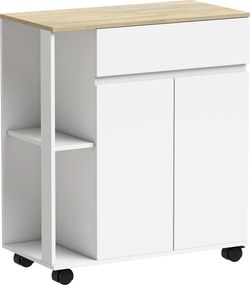 HOMCOM Cărucior Bucătărie, Insulă Bucătărie cu Sertar, Dulap, 2 Rafturi Laterale și Rafturi Reglabile, Cărucior Multifuncțional din Lemn, 78x39,5x88,5 cm, Alb și Stejar | Aosom Romania