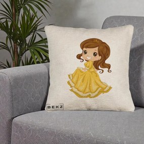 Perna Decorativa Printesa Bella Rochie Aurie, 40x40 cm, Bej Canapea, Husa Detasabila, Perna Inclusa, BEKZ®