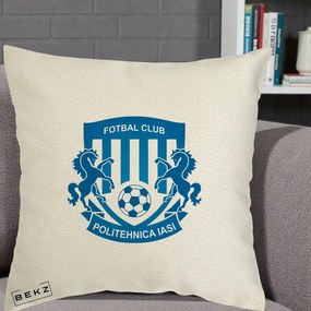 Perna Personalizata FC Politehnica Iasi Fotbal, 40x40 cm, Ecru, Husa Detasabila, Perna Inclusa, BEKZ®