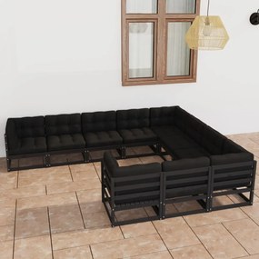 3077048 vidaXL Set mobilier grădină cu perne, 10 piese, negru, lemn masiv pin