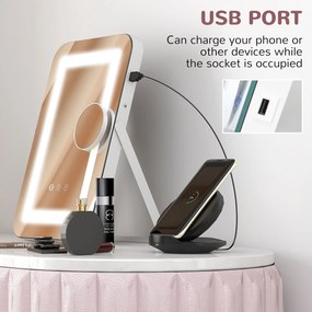 HOMCOM Oglindă de Machiaj LED cu Lumini Reglabile pe 3 Culori, USB și Oglindă de Mărire Rotativă, 31x41,5x3 cm, Alb | Aosom Romania