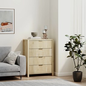 HOMCOM Comodă pentru Dormitor cu 4 Sertare Canelate, Comodă din Lemn cu Mânere Aurii, pentru Sufragerie, Sala de Mese și Hol, 70x38x93 cm, Lemn Natural | Aosom Romania