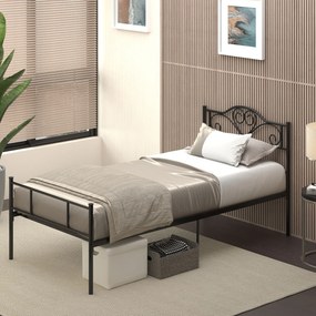 Structura Pat HOMCOM, 1 loc din Otel 900x200cm, Sipci Integrate, Tetiera si Tablie, Negru | Aosom Romania