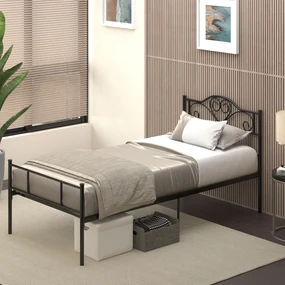 Structura Pat HOMCOM, 1 loc din Otel 900x200cm, Sipci Integrate, Tetiera si Tablie, Negru | Aosom Romania