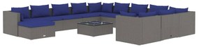 Set mobilier de gradina cu perne, 13 piese, gri, poliratan Gri si albastru, 4x colt + 7x mijloc + suport pentru picioare + masa, 1