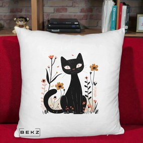 Perna Decorativa Pisica Neagra Flori Pastel Folk, 40x40 cm, Alb Pufos, Husa Detasabila, Perna Inclusa, BEKZ®