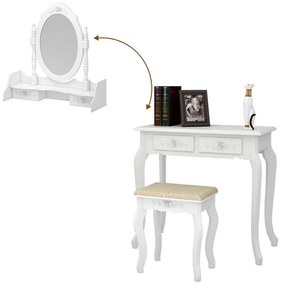 Măsuță de toaletă, cu oglindă ovală, 4 sertare și taburet, Alb