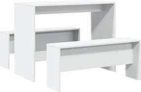 vidaXL Set masă și bănci de bucătărie, 3 piese, alb, lemn prelucrat