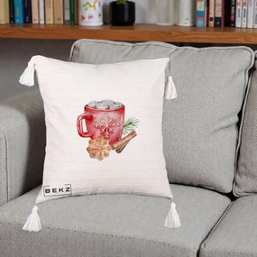 Perna Decorativa Cacao de Iarna cu Biscuit, 40x40 cm, Bej cu Franjuri, Husa Detasabila, Perna Inclusa, BEKZ®