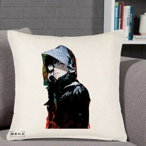 Perna Personalizata Tokyo Ghoul Ken Kaneki cu Masca si Gluga, 40x40 cm, Crem Reliefat, Husa Detasabila, Perna Inclusa, BEKZ®