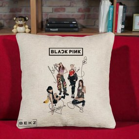 Perna Personalizata K-pop BLACKPINK Fotografie Grup Autografe Toate Membre, 40x40 cm, Bej Canapea, Husa Detasabila, Perna Inclusa, BEKZ®