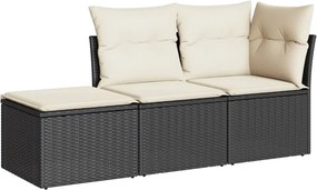 vidaXL Set mobilier de grădină cu perne, 3 piese, negru, poliratan