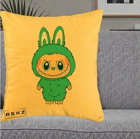 Perna Personalizata Labubu Turcoaz, 40x40 cm, Galben, Husa Detasabila, Perna Inclusa, BEKZ®