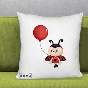 Perna Decorativa Buburuza cu Balon Rosu, 40x40 cm, Alb Pufos, Husa Detasabila, Perna Inclusa, BEKZ®