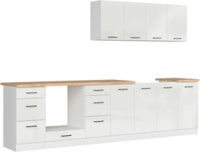 Set bucatarie JUNONA LINE, alb lucios, PAL, 300 cm, cu blat stejar art
