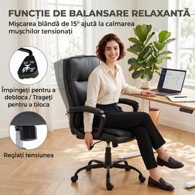 HOMCOM Scaun de Birou Rotativ din Piele PU, Funcție Legănare, Spătar Înalt, Reglabil pe Înălțime, Suportă 120 kg, Negru | Aosom Romania