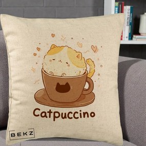 Perna Decorativa Catpuccino Pisica Cappuccino, 40x40 cm, Bej, Husa Detasabila, Perna Inclusa, BEKZ®