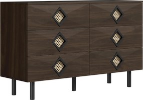 Masă de machiaj cu 6 sertare, mânere din ratan, spațiu mare de depozitare, pentru dormitor și living, 120x40x74,5 cm, Culoare naturală