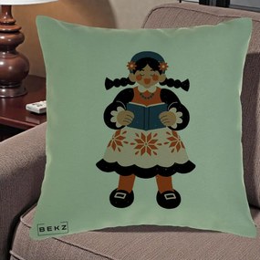 Perna Personalizata Fetita cu Carte Ilustratie Folk, 40x40 cm, Verde, Husa Detasabila, Perna Inclusa, BEKZ®