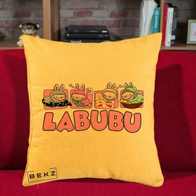 Perna Personalizata Labubu Sleeping Quad, 40x40 cm, Galben, Husa Detasabila, Perna Inclusa, BEKZ®