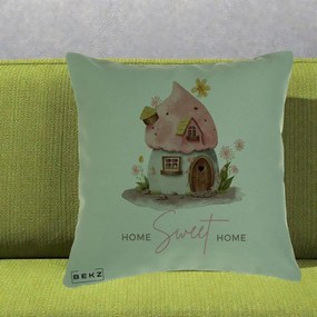 Perna Decorativa Home Sweet Home Casuta, 40x40 cm, Verde, Husa Detasabila, Perna Inclusa, BEKZ®