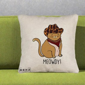 Perna Decorativa Pisica Cowboy Meowdy, 40x40 cm, Bej Canapea, Husa Detasabila, Perna Inclusa, BEKZ®