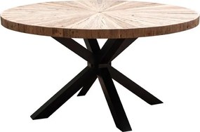 Masă dining rotundă din lemn reciclat, maro, 6–8 locuri, cu bază centrală din metal, 77 x 150 cm, „Asturias”