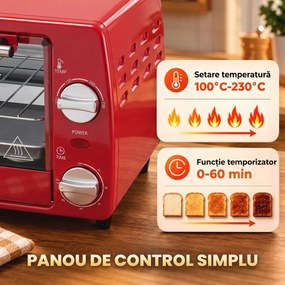 HOMCOM Mini cuptor electric 10L, 750W, cu temperatură reglabilă și timer, 36,5x26x22 cm, roșu | Aosom Romania
