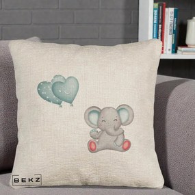 Perna Decorativa Canapea, Model Elefant si baloane in forma de inimioare, 40x40 cm, Bej Canapea, Husa Detasabila, Perna Inclusa, BEKZ®