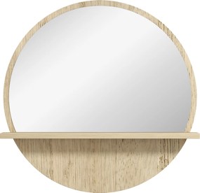 kleankin Oglindă de Baie Rotundă din PAL și Sticlă cu Raft pentru Depozitare și 2 Cârlige pentru Fixare, Ø45x10 cm, Lemn Natural | Aosom Romania