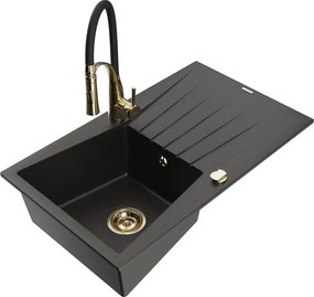 Mexen Cesar chiuvetă granit compusă dintr-o singură cameră cu scurgător și baterie de bucătărie Aster, negru/or metalic