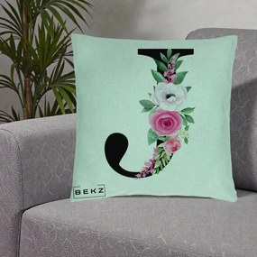 Cadou Personalizat - Perna Personalizata Monograma Florala Litera J, 40x40 cm, Verde Menta, Husa Detasabila, Perna Inclusa, BEKZ®