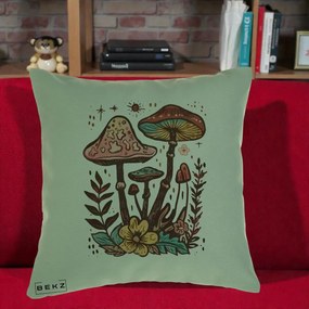 Perna Decorativa Ciuperci Boho Multicolore, 40x40 cm, Verde, Husa Detasabila, Perna Inclusa, BEKZ®