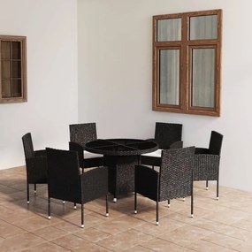 Set mobilier de gradina, 7 piese, negru, poliratan Alb si negru, O 110 cm masa, 1
